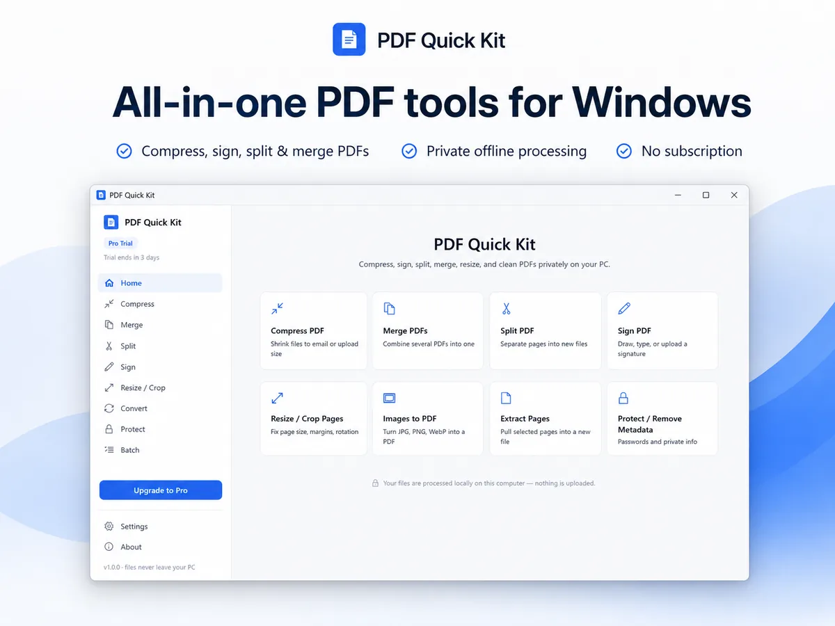 Marketing image: PDF Quick Kit, all-in-one PDF tools for Windows