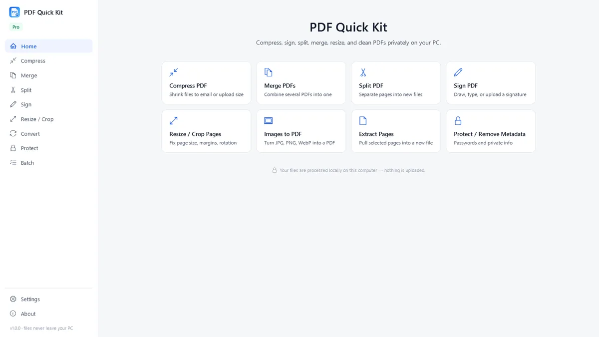 PDF Quick Kit main dashboard on Windows, listing its PDF tools