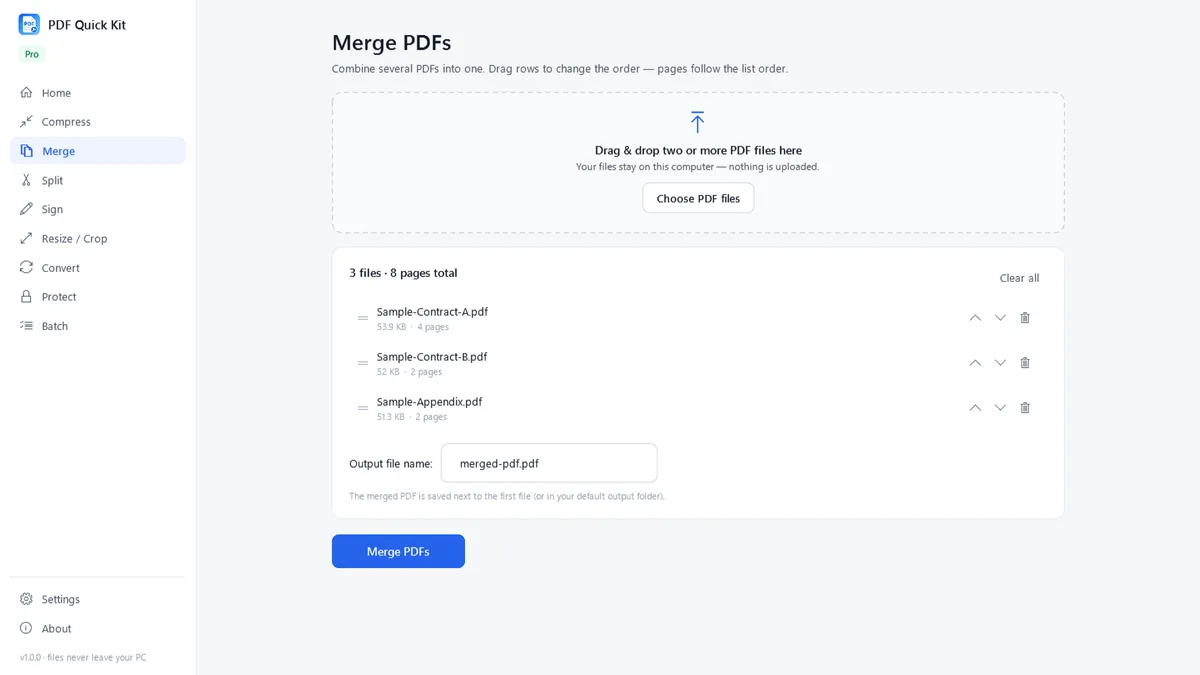 Merging multiple PDF files into one document in PDF Quick Kit