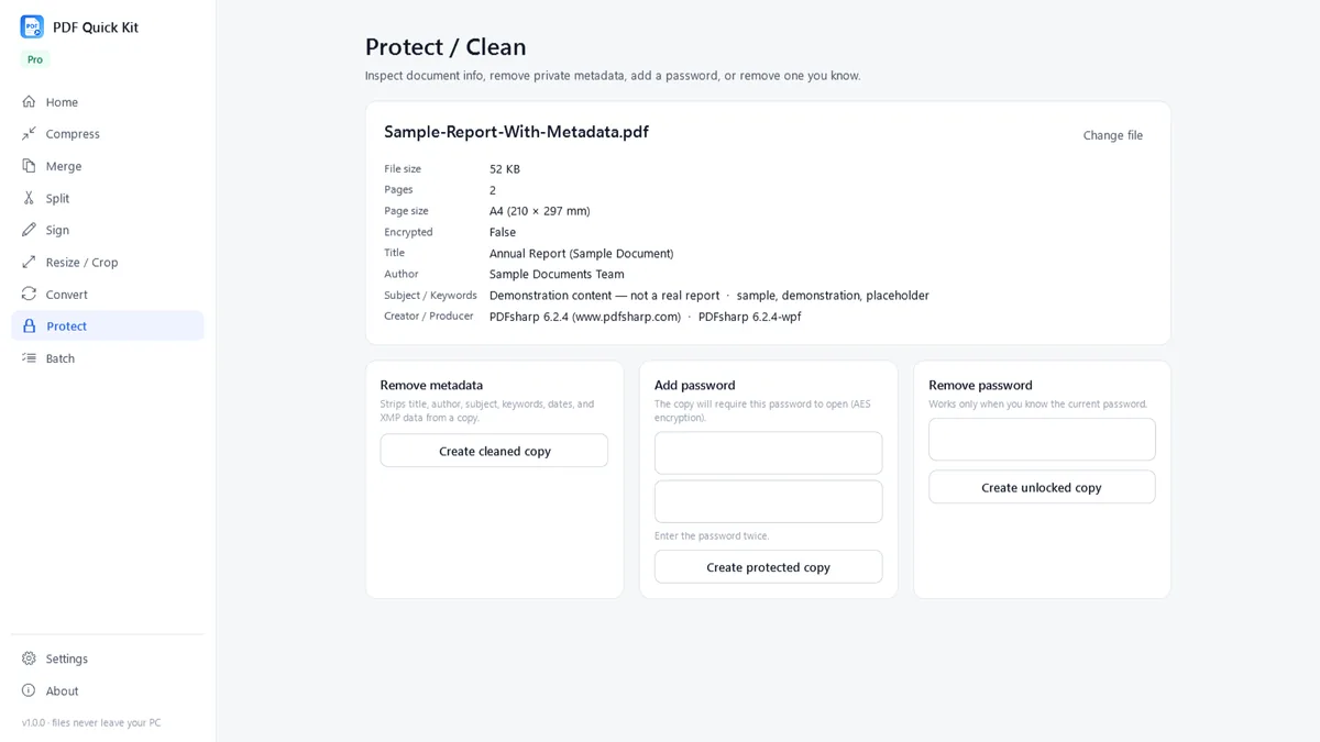 Protecting a PDF with a password and removing metadata in PDF Quick Kit